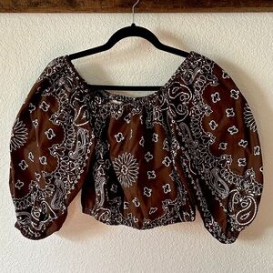Lady Friend Handmade Women's M Brown Bandana Off the Shoulder Puff Sleeve Top